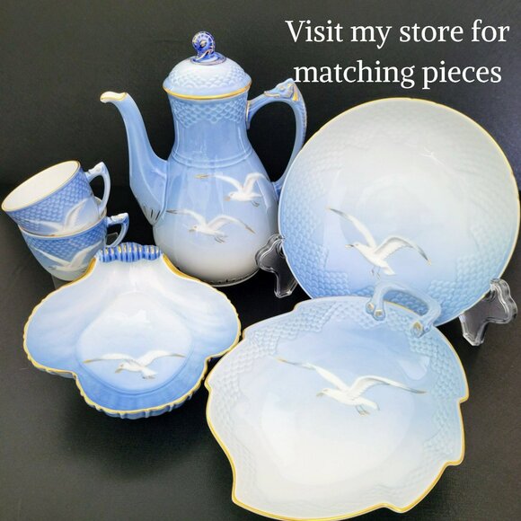 Vintage Bing & Grondahl Seagull Flat Cup Set Coastal Blue White Ombre Gold Trim - Picture 10 of 10